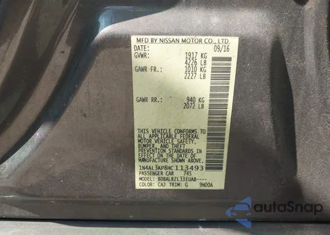 2017 Nissan Altima 2.5/2.5 S/2.5 Sl/2.5 Sr/2.5 Sv z USA, uszkodzony, nr VIN 1N4AL3AP8HC113493